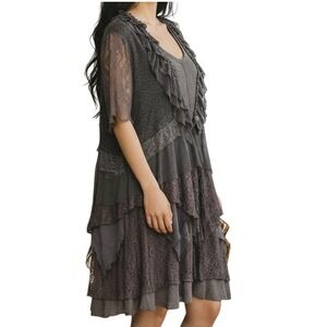 Gray‎ Linen Blend Layered Ruffle Dress Boho Midi Style Sleeveless Women's Medium